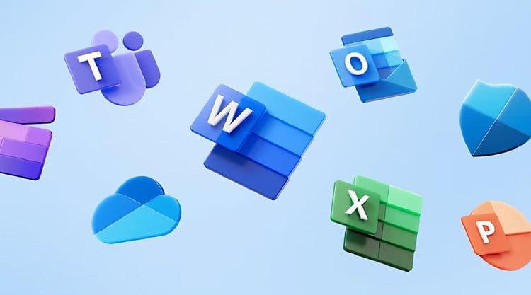 3D icons representing various Microsoft 365 applications, including Teams, Word, Outlook, Excel, PowerPoint, and OneDrive, floating against a blue background.