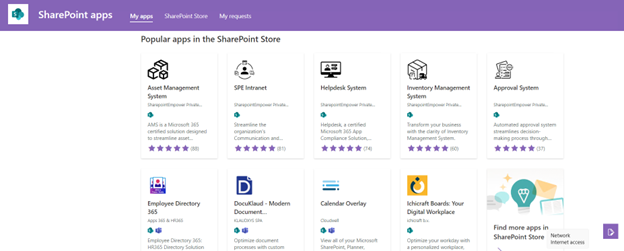 The SharePoint app store interface listing available apps for extending SharePoint functionality, including Asset Management, Intranet, Helpdesk System, and others.