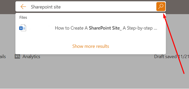 A SharePoint search results page showing a single file result: "How to Create A SharePoint Site_ A Step-by-step..." The search term "Sharepoint site" is visible in the search bar.