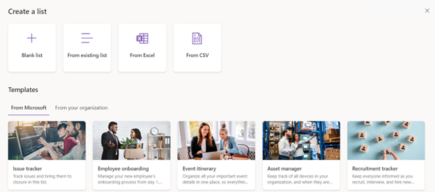 SharePoint list creation interface showing options to create a blank list, import from Excel or CSV, or use a pre-designed template.