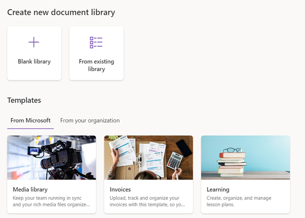 SharePoint interface for creating a document library, showing options for starting from scratch, copying an existing library, or using a template.