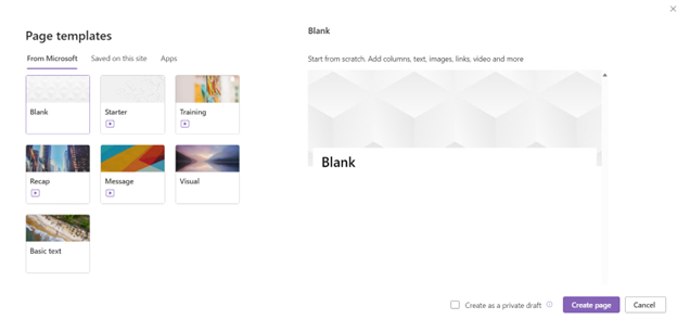 The SharePoint interface for choosing a page template, with available options including Blank, Starter, Training, Recap, Message, Visual, and Basic text.