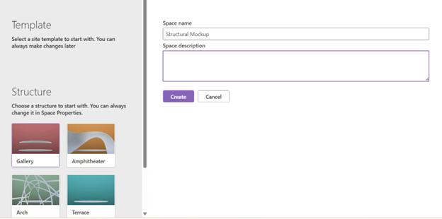 SharePoint space creation interface, showing options for template and structure selection.