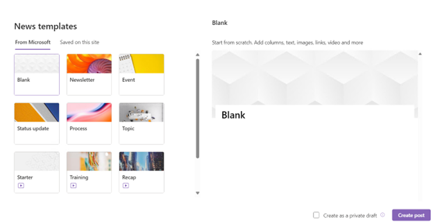 SharePoint News post templates: Blank, Newsletter, Event, Status update, Process, Topic, Starter, Training, and Recap.