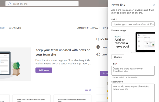 The SharePoint interface for creating a news link, with fields to input the URL, title, and description of the linked content.