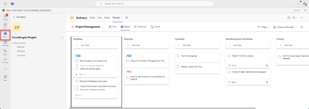 SharePoint Project Management dashboard showing task columns for priorities, reviews, formatting, monitoring, and closing.