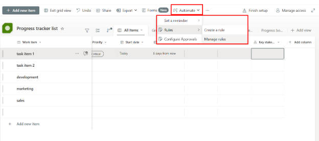 SharePoint progress tracker list with the 'Automate' menu expanded, showing options to set reminders, create rules, and configure approvals.