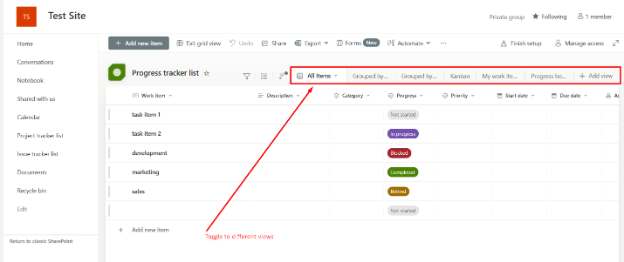 SharePoint Progress Tracker List displaying task items with a highlighted toggle to switch between different views.