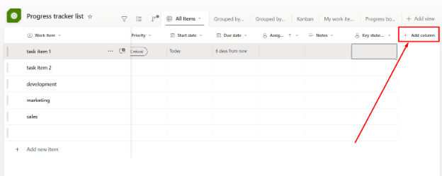 SharePoint Progress Tracker List displaying tasks with an option to add a new column highlighted.